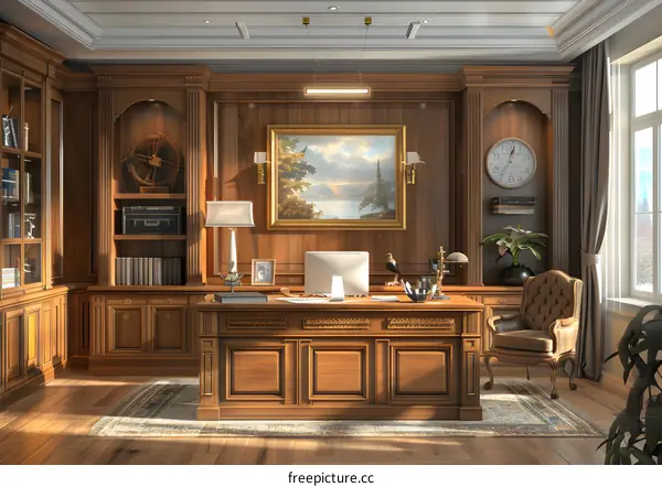 Luxury wood office interior with painting and leather chair