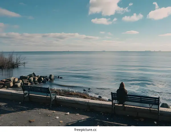 Lonely Person Sitting on a Bench by the Sea