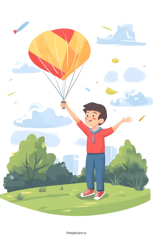Boy Holding a Hot Air Balloon in the Sky