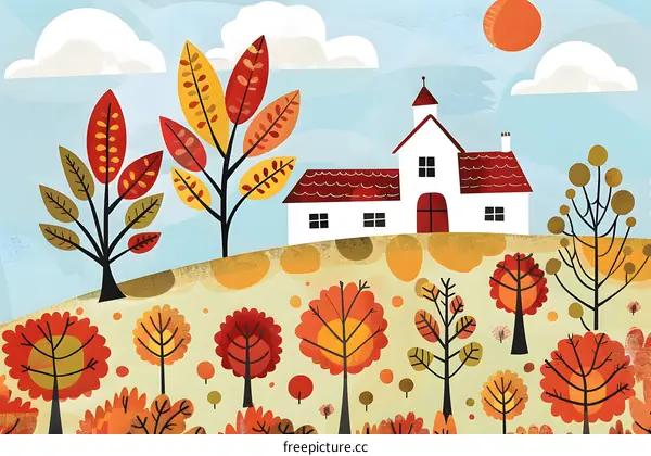 Autumn Landscape with a White House and Red Roof