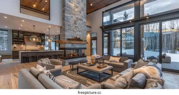 Modern mountain home interior living room with fireplace and large windows