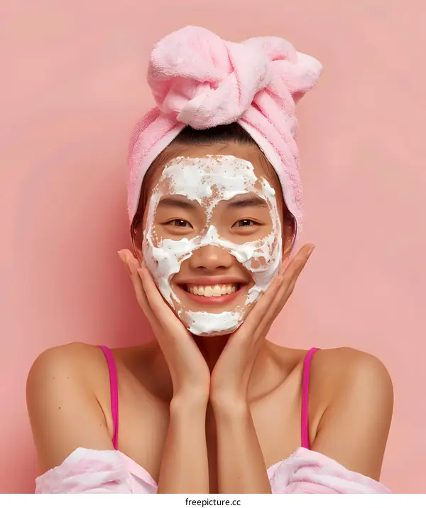 Happy Asian Woman with a Facial Mask Smiling