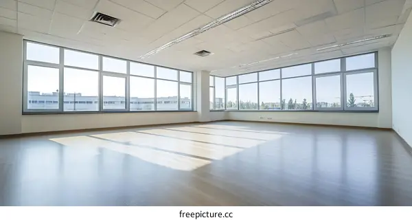 Empty Modern Office with Large Windows and Wood Flooring