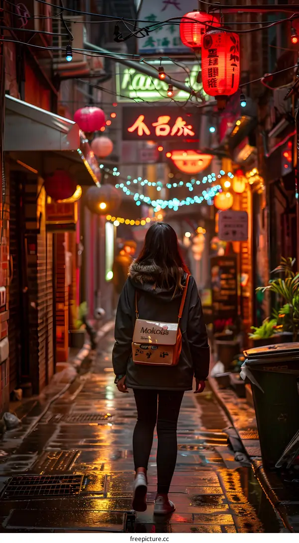 Woman Walking Through Narrow Alleyway in Chinatown