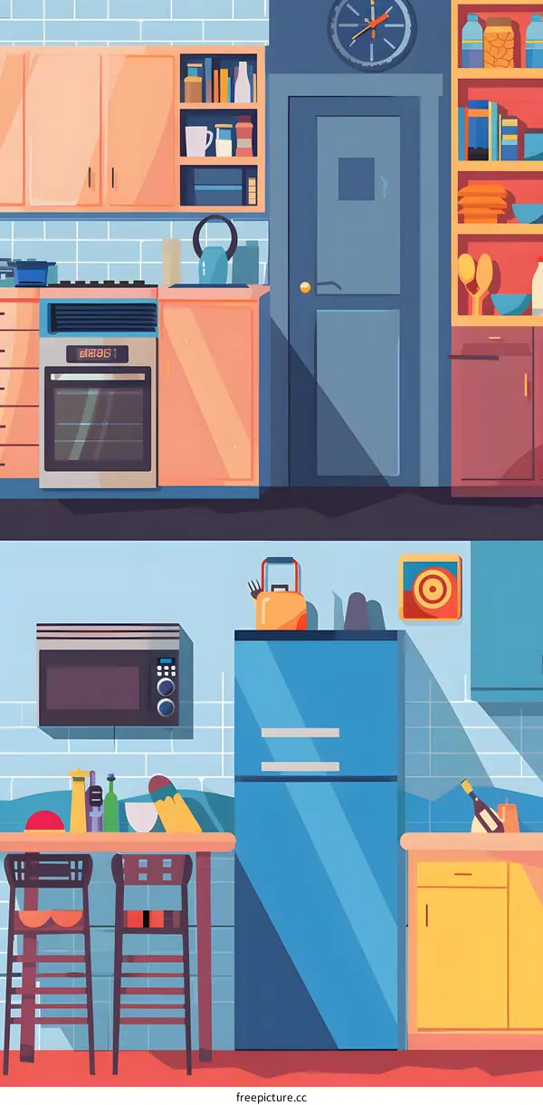 Cartoon Kitchen Interior Design Illustration with Stove, Fridge, and Cabinets