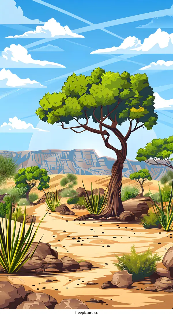 Desert Landscape with Tall Tree and Mountains