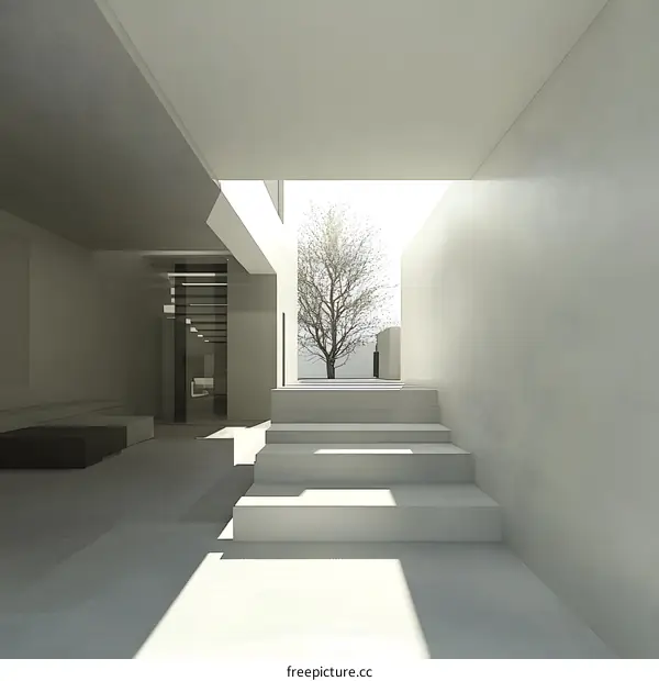 Modern Minimalist White Interior Design with Stairs and a Tree in the Background