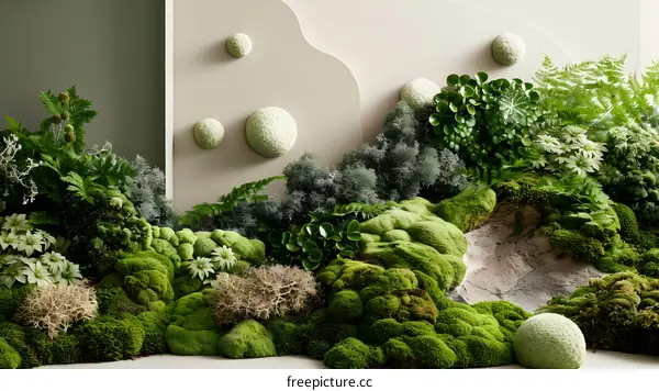 Green Moss and Plants on a White Wall Background