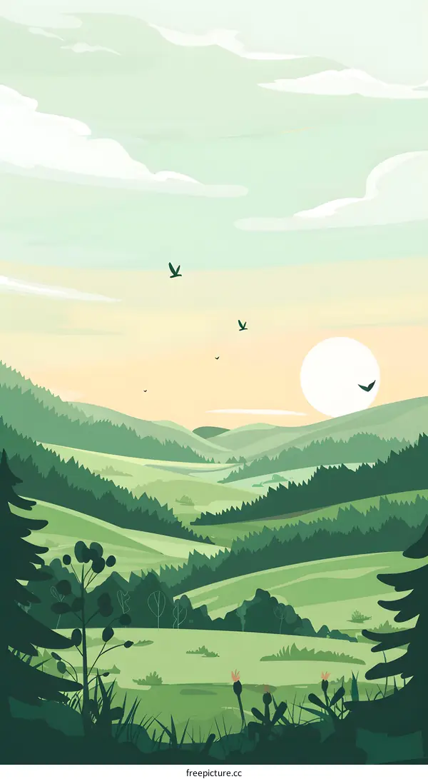 Green Hills With Sunset And Birds Flying