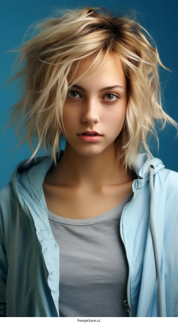Portrait of a young blonde woman in a blue hoodie