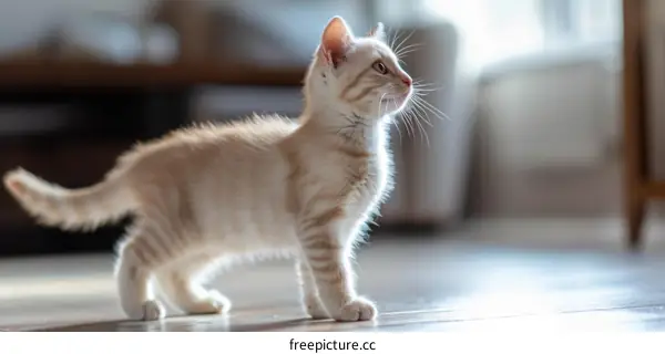 A ginger kitten standing on the floor and looking away