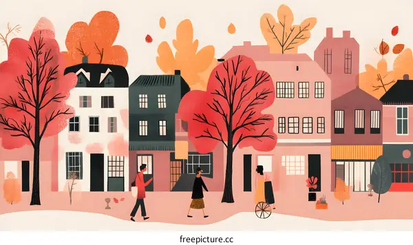 Fall Season in the City with People Walking on the Street