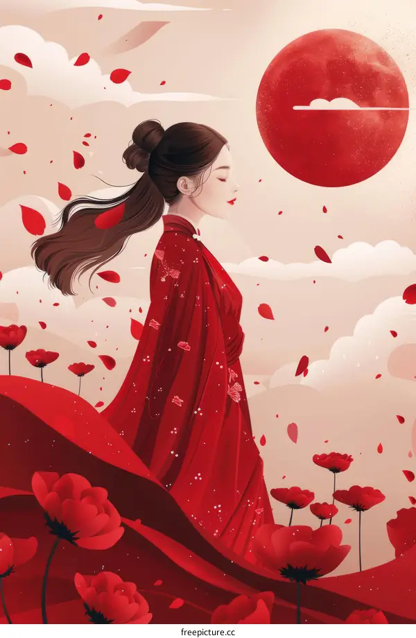 Woman in Red Under the Crimson Moon