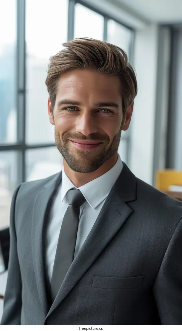 A young professional man in a suit and tie smiles at the camera