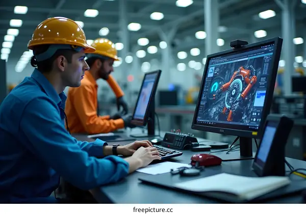 Two Workers Working On Computers In A Factory