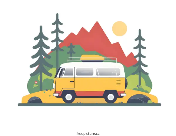 Yellow Camper Van in Mountain Landscape Illustration