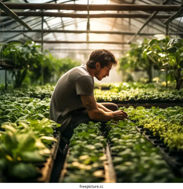 Male botanist working in greenhouse