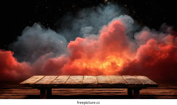 Wooden Tabletop with Dramatic Night Sky Clouds