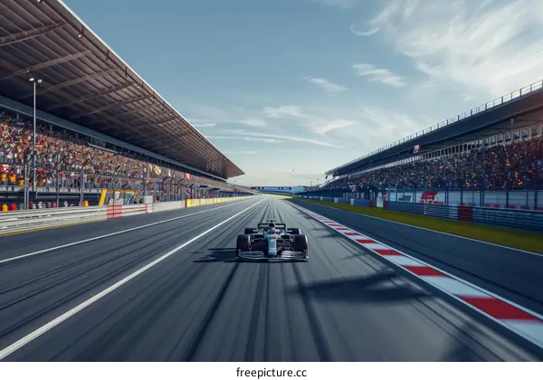 Formula One car racing down a track with grandstands full of spectators