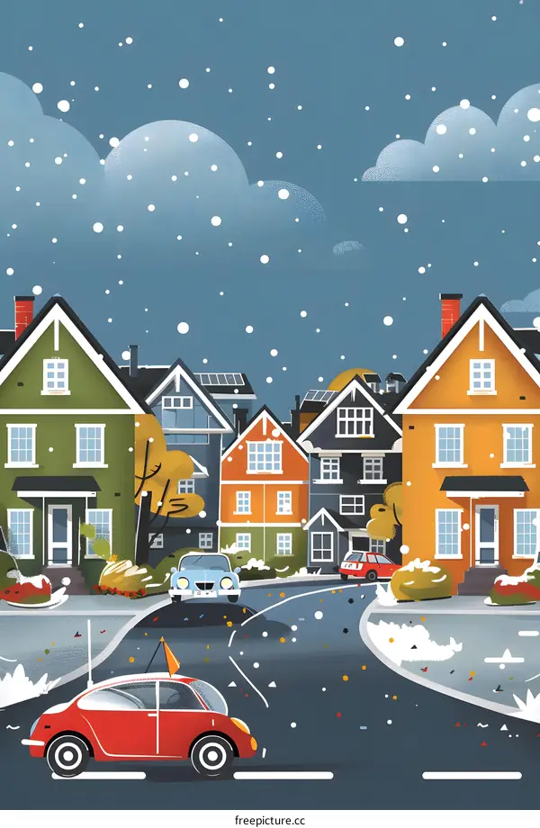 Snowy Day in a Quaint Neighborhood