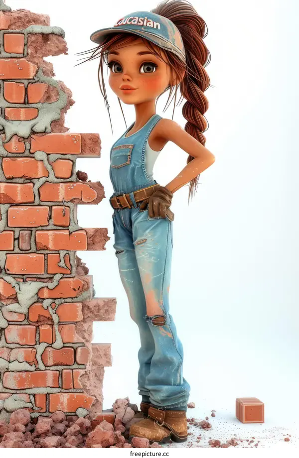 Construction Worker Woman Standing by Brick Wall