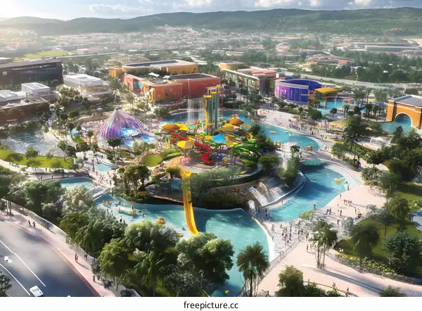 Aerial View of a Water Park with Colorful Buildings and Slides