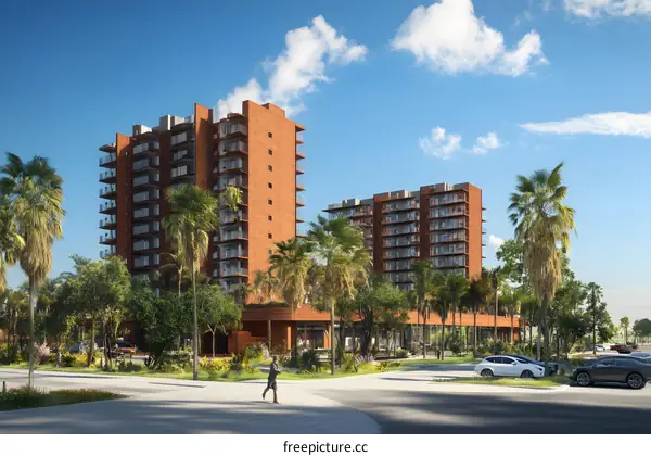 Modern Apartment Building with Palm Trees and Blue Sky
