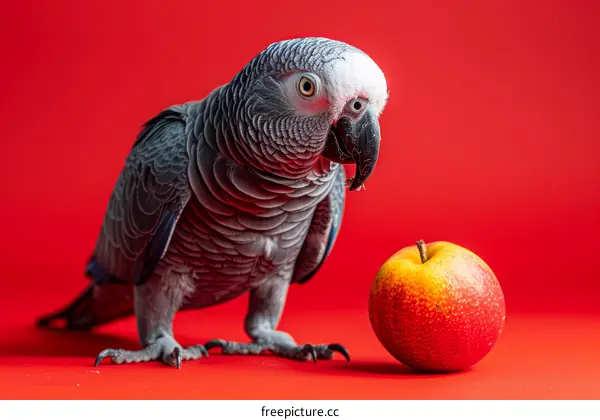 African grey parrot looking at an apple