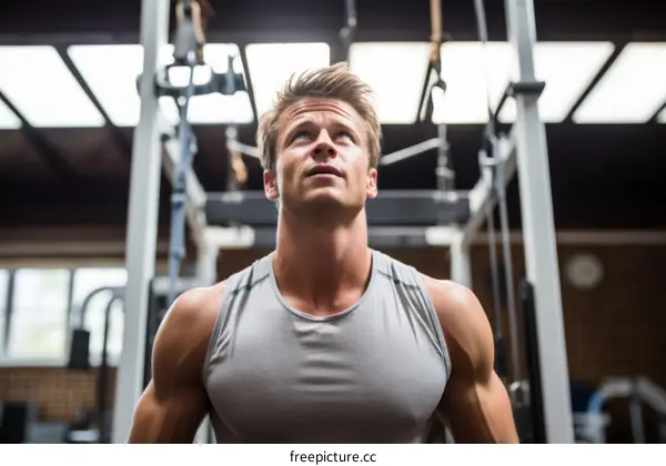 muscular man in grey vest looking up while seated on exercise machine