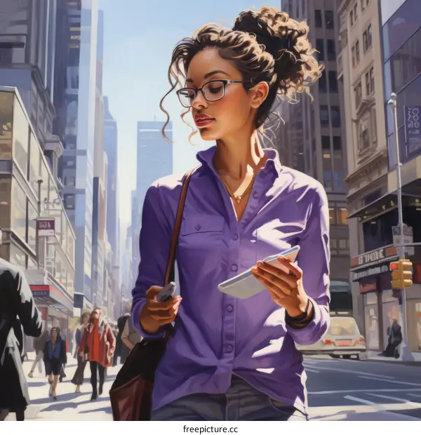 A woman in a purple shirt is walking down a busy street while looking at her phone