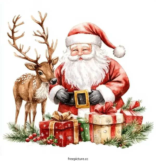 Watercolor Christmas Illustration of Santa Claus with Reindeer and Gifts