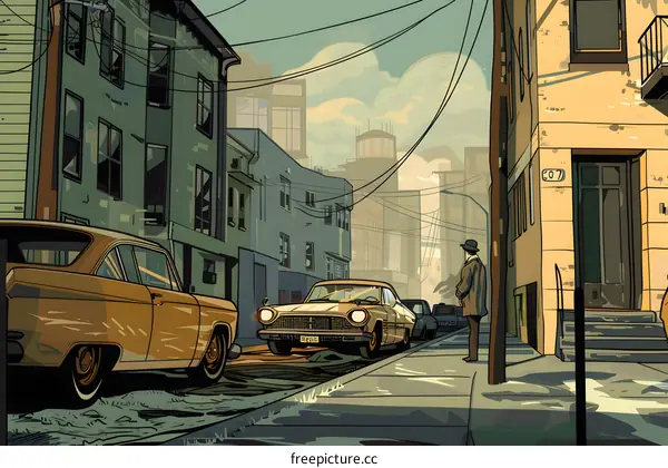 Vintage City Street Illustration with a Man Standing on the Sidewalk