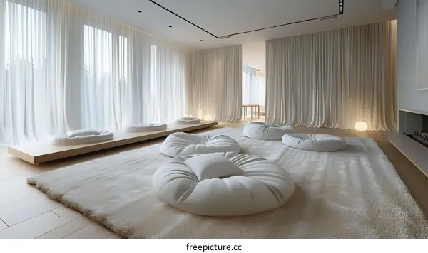 White minimalist living room with large windows and comfy seating