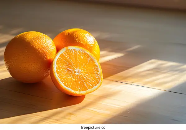 Close up of Fresh Oranges on a Wooden Table