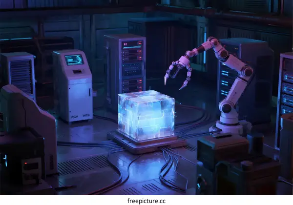Robotic Arm Interacting with Glowing Cube in High-Tech Lab