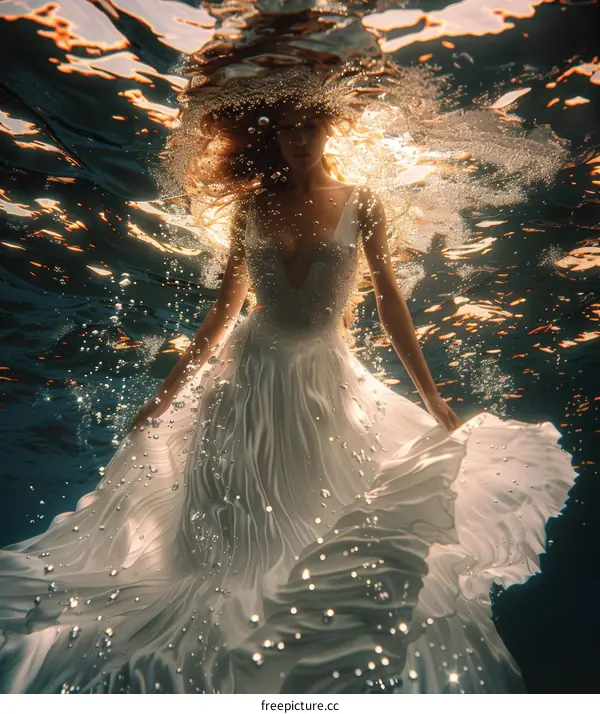 An ethereal underwater photoshoot of a woman in a white dress