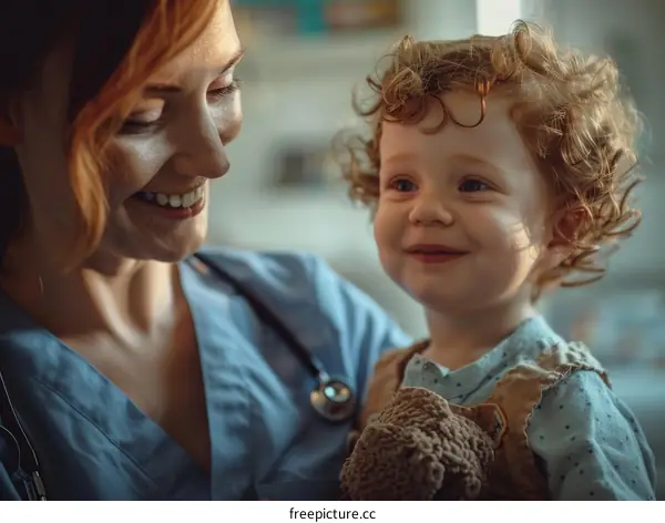 Toddler being held by a smiling doctor