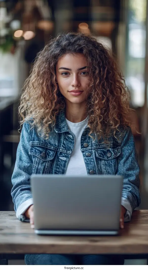 Young Woman Working on Laptop in Cafe