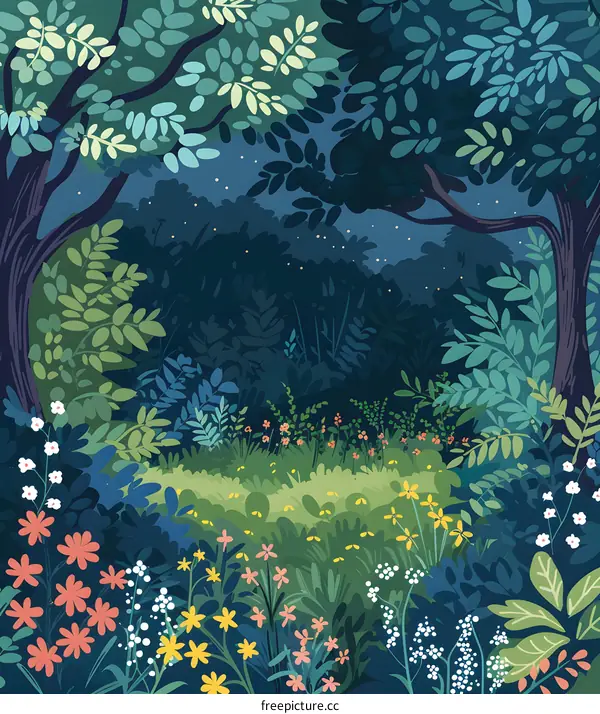 Nighttime Forest Illustration with Blooming Flowers and Fireflies