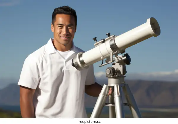 A man standing next to a telescope