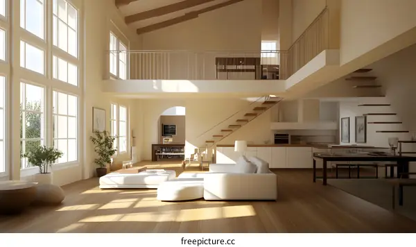 Modern Open Concept Interior Design with a Large Window and a Staircase