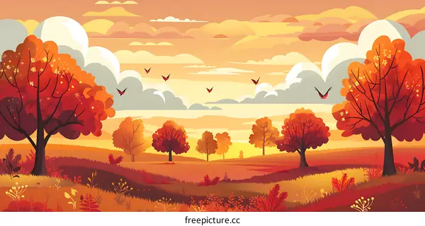 Autumn Landscape with Red and Orange Trees
