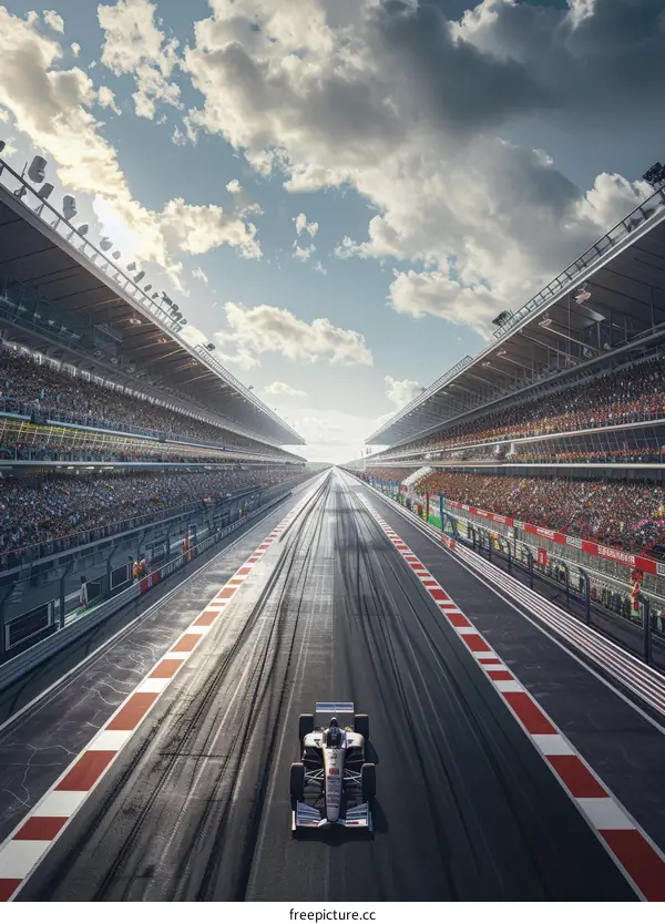 Formula One race car speeding down a track with spectators filling grandstands