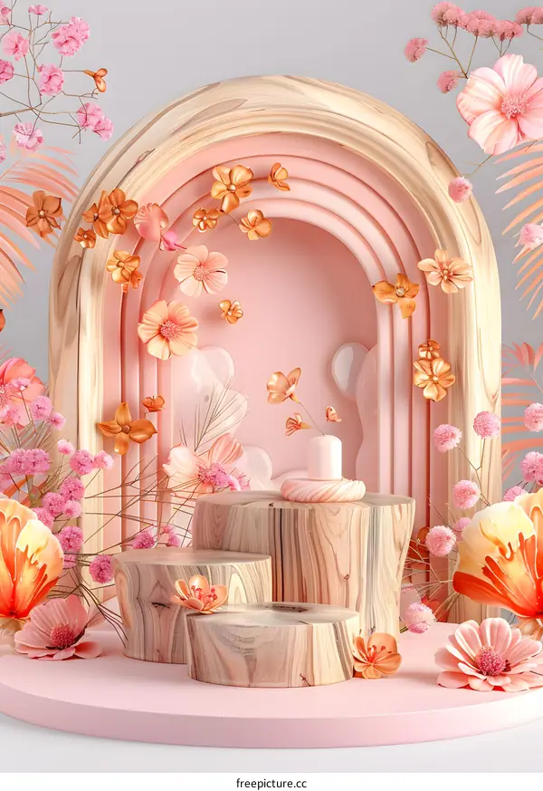 Pink and Peach Minimalist Flower Arch with Wooden Platforms
