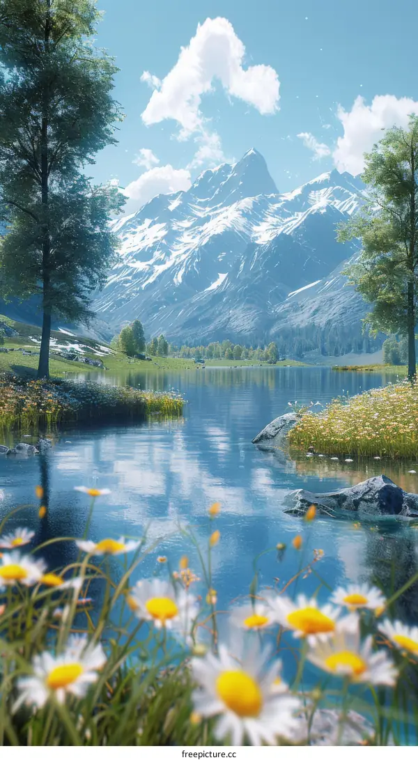 Tranquil Mountain Lake with Blooming Flowers