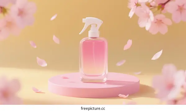 Sakura-scented spray bottle on pink platform with falling petals