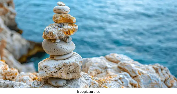 Stack of stones on the beach with the sea in the background
