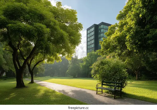 Park Landscape with Modern Building and Lush Trees