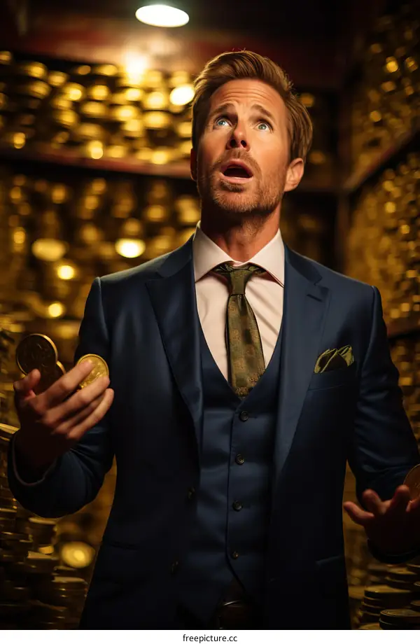 astonished man in suit holding gold coins