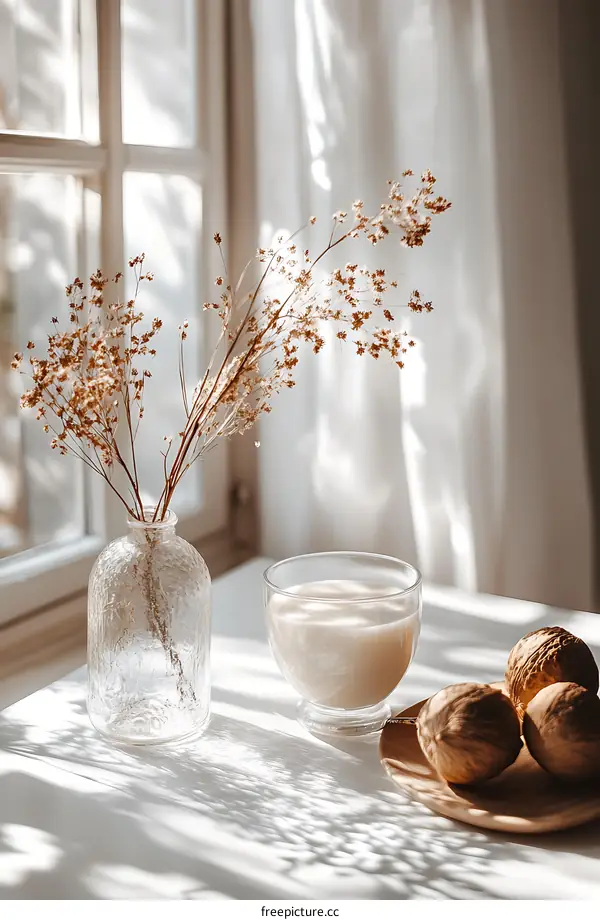 Dried Flowers In A Vase On A Table With A Glass Of Milk And Nuts